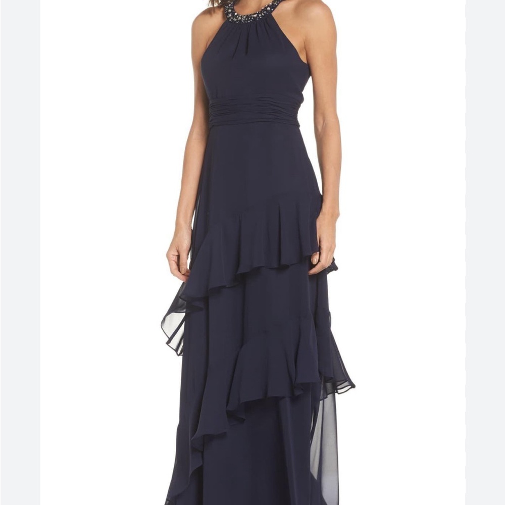 Eliza J Women's Blue Beaded Halter Tiered Chiffon Gown